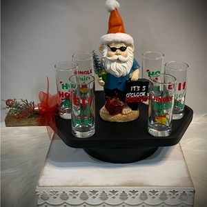 New Christmas Shot Glasses (6) with the Grand Elf Himself Açaí Wood Serving Tray